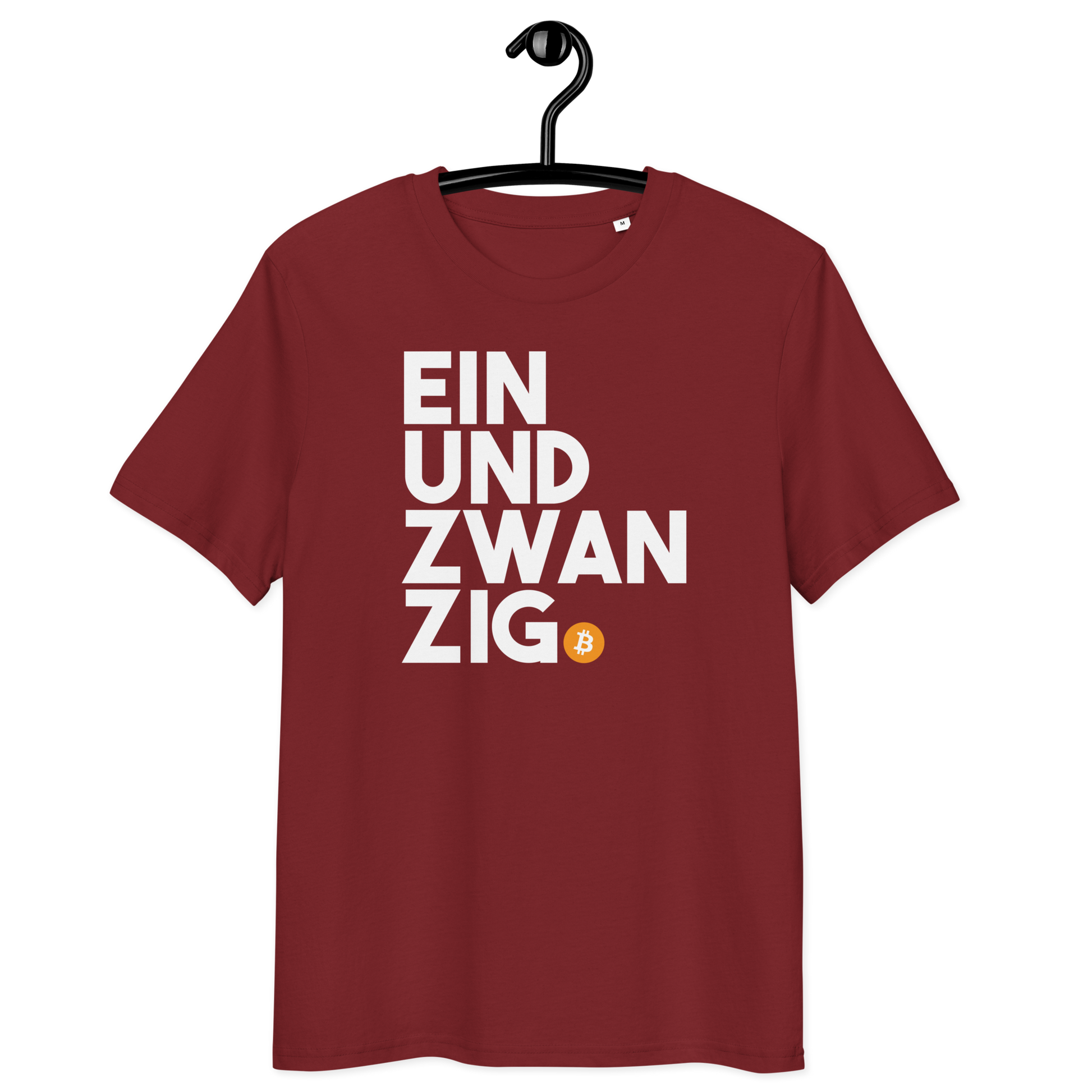 Front view of a burgundy bitcoin t-shirt.