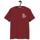 Front view of a burgundy embroidered bitcoin t-shirt.