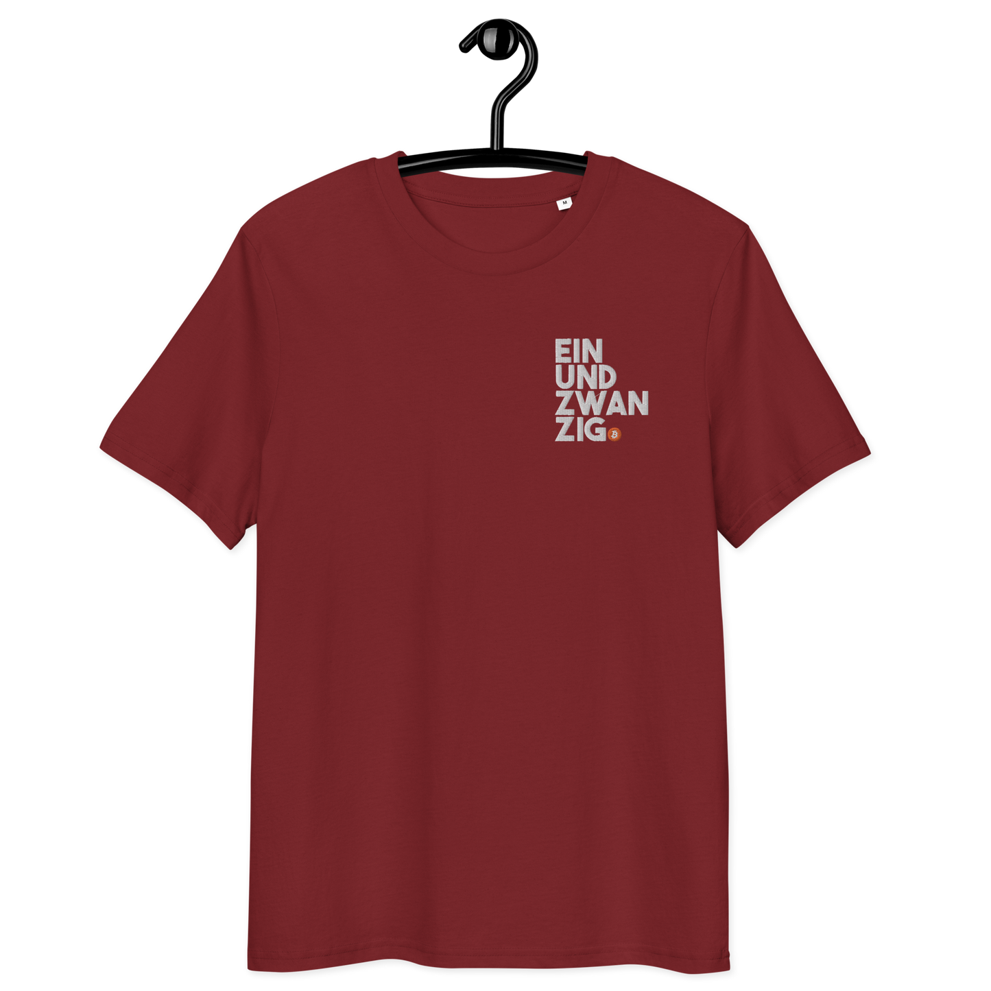 Front view of a burgundy embroidered bitcoin t-shirt.