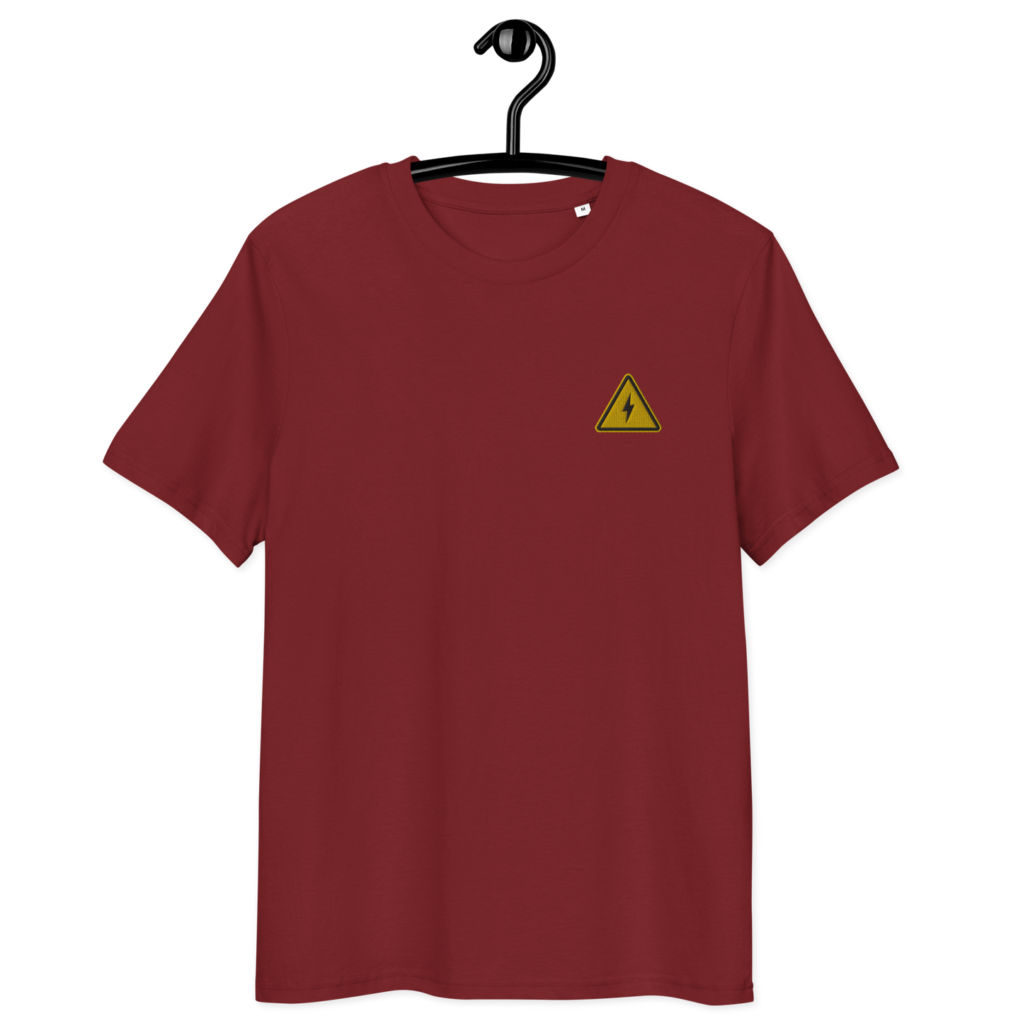 Front view of a burgundy bitcoin t-shirt.