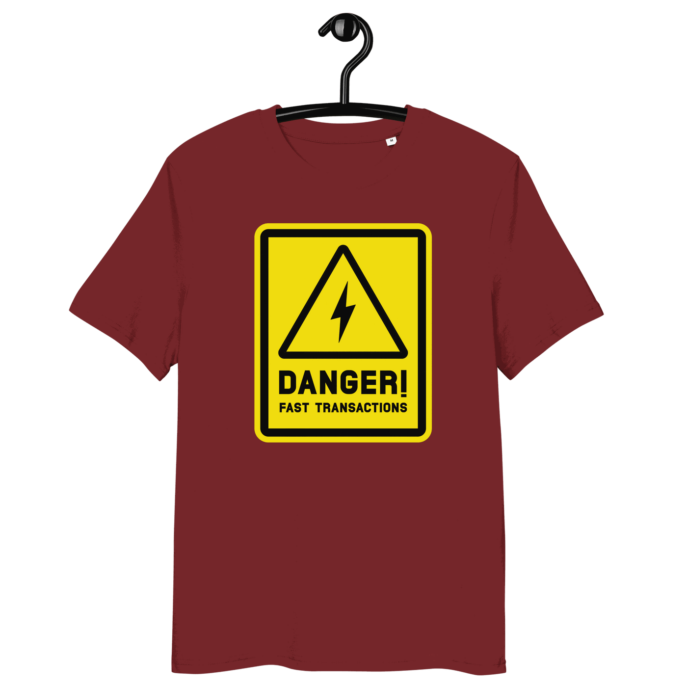 Front view of a burgundy bitcoin t-shirt.