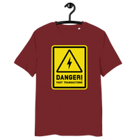Front view of a burgundy bitcoin t-shirt.