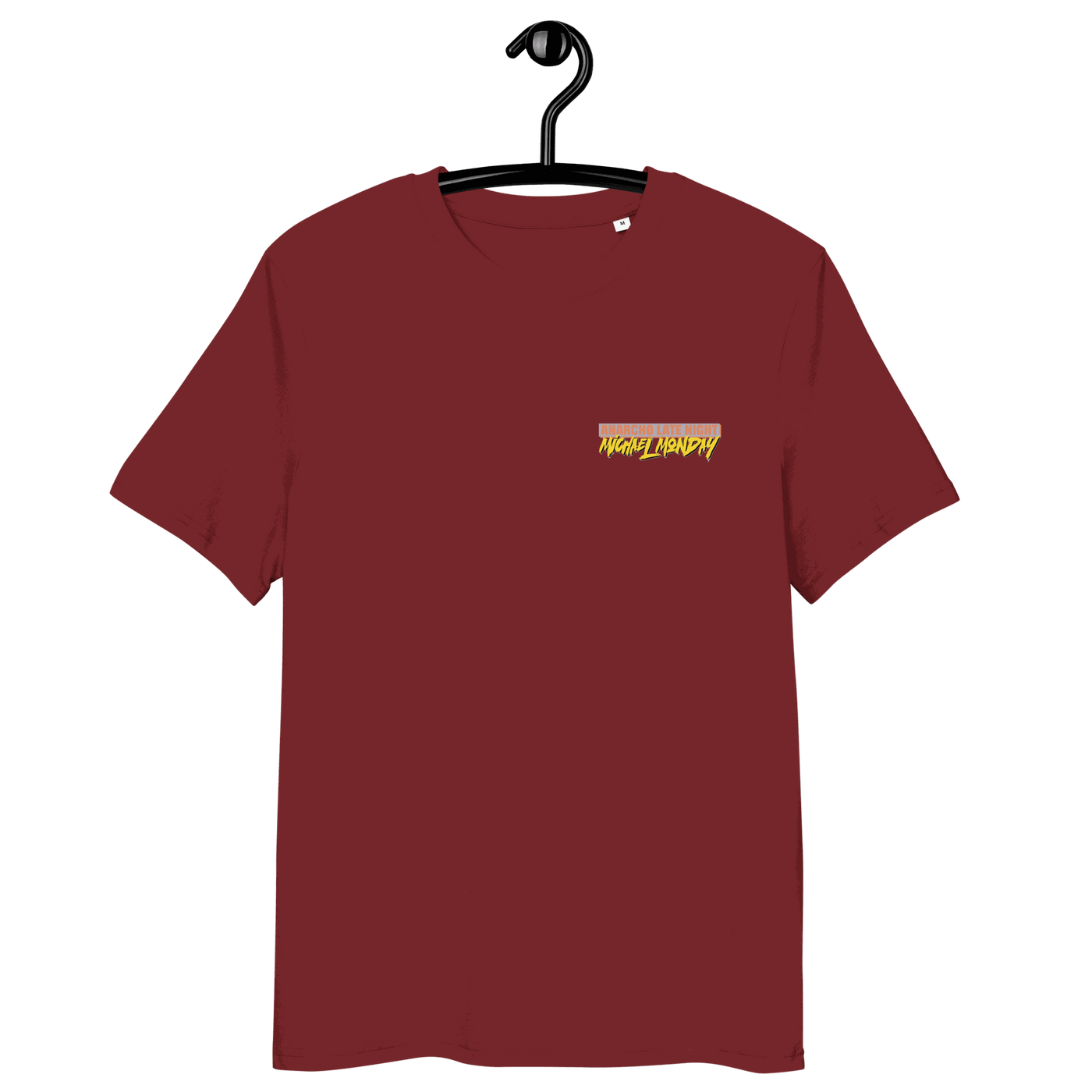 Michael Monday Anarcho Late Night organic cotton t-shirt with certification logos and size chart table
