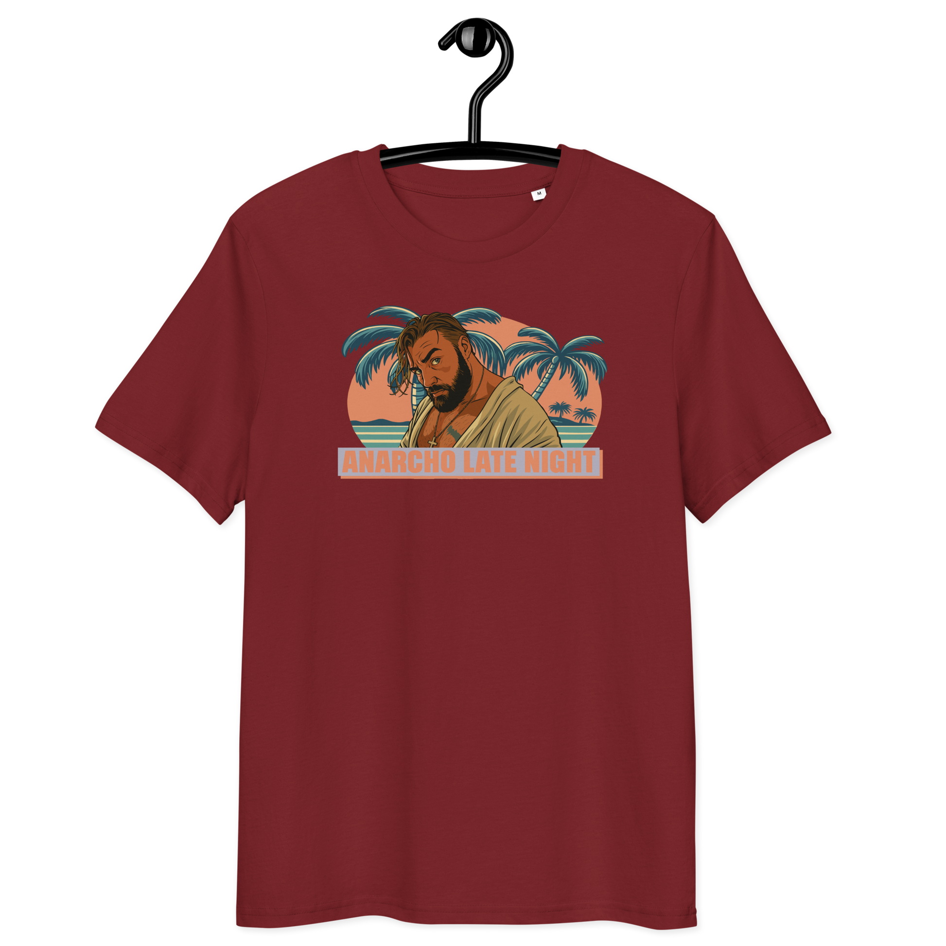 Front view of a burgundy aln t-shirt.