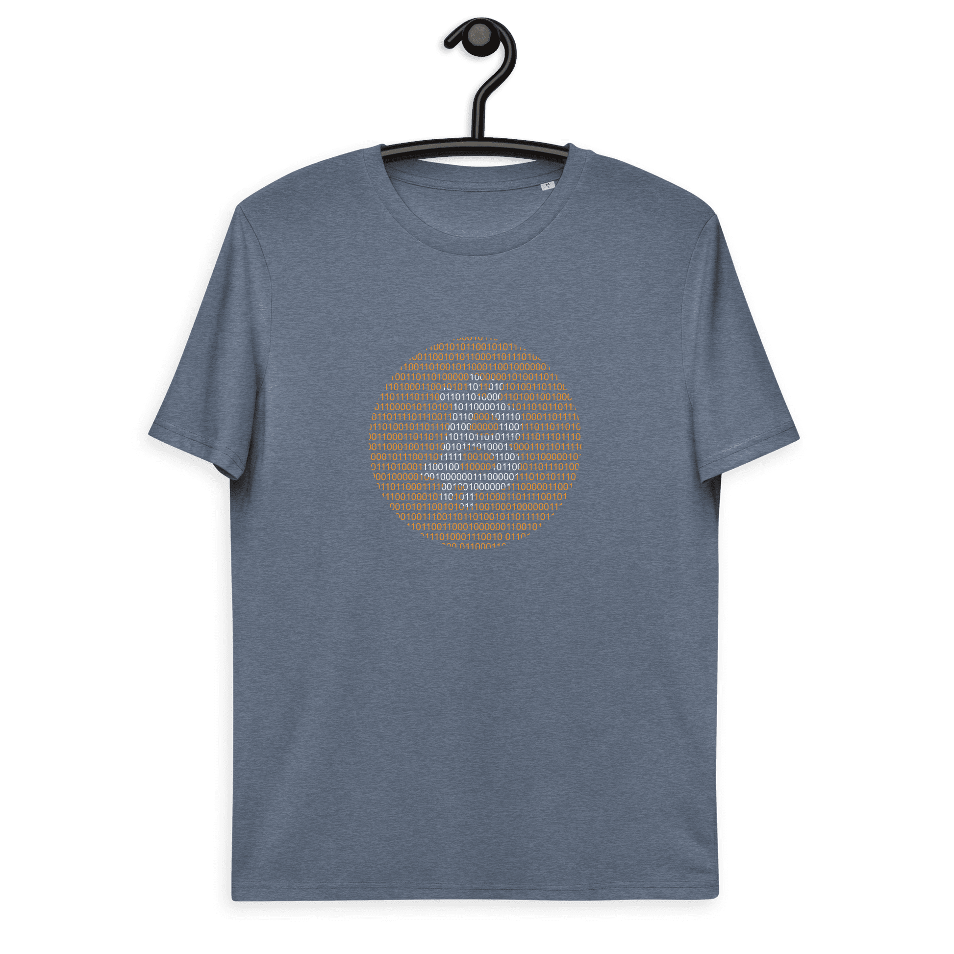 Front view of a heather blue bitcoin t-shirt.