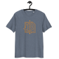 Front view of a heather blue bitcoin t-shirt.