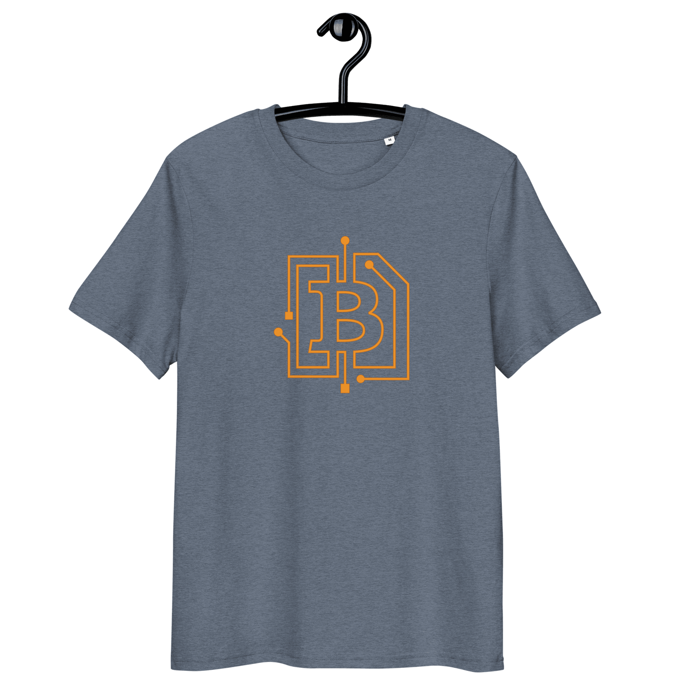 Circuit board bitcoin t-shirt with organic cotton and sustainable certification logos