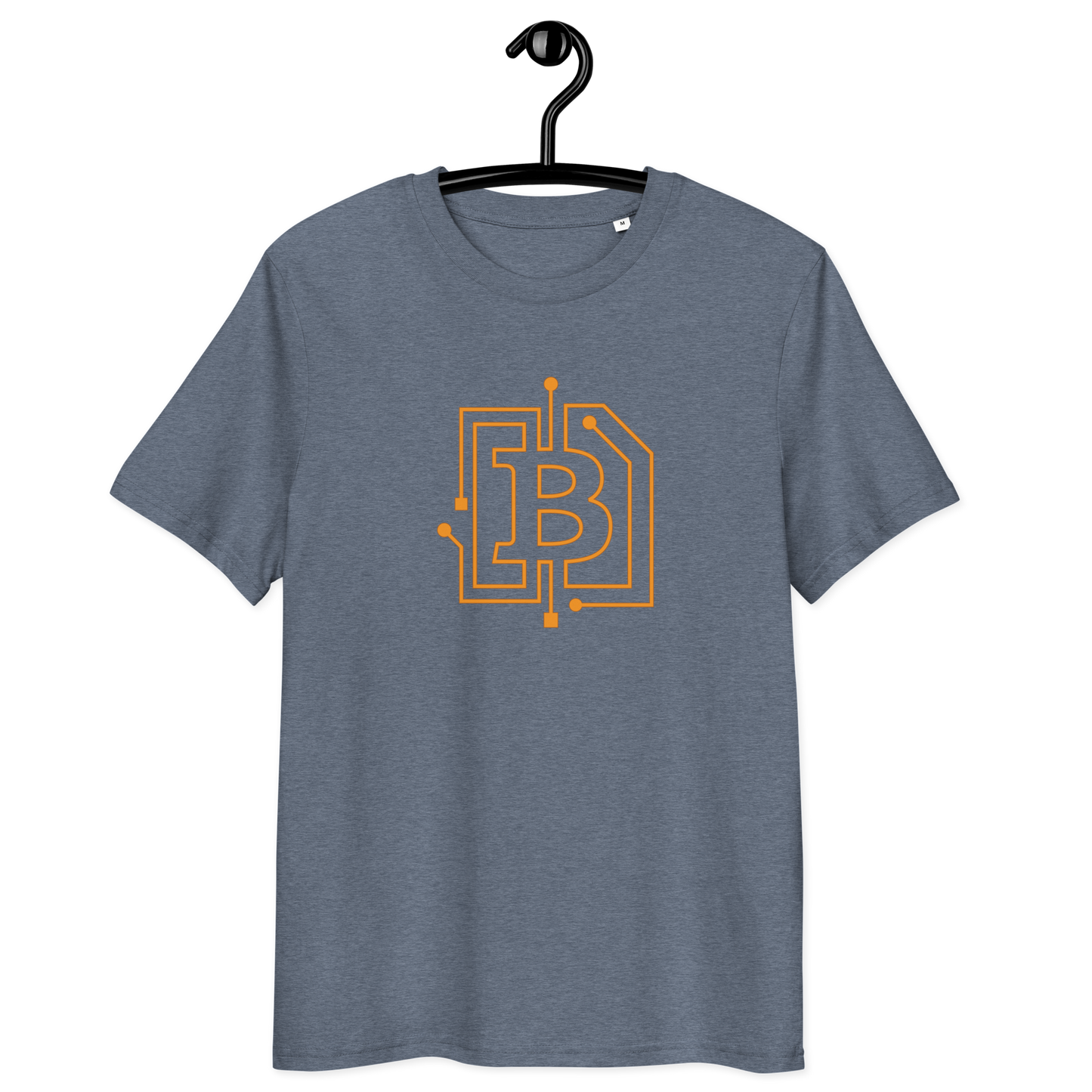 Front view of a heather blue bitcoin t-shirt.