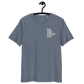 Front view of a dark heather blue embroidered bitcoin t-shirt.