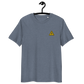 Front view of a dark heather blue bitcoin t-shirt.