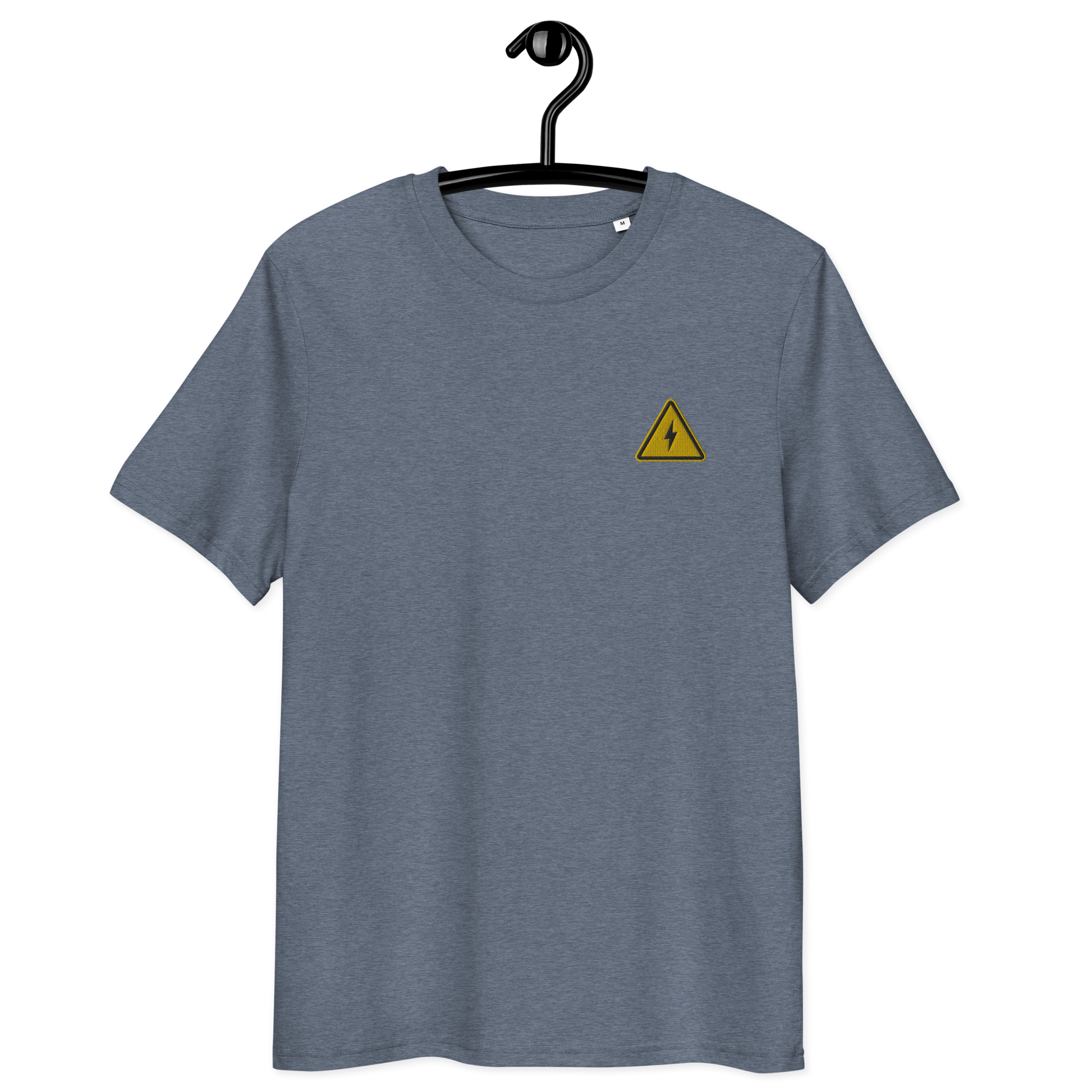 Front view of a dark heather blue bitcoin t-shirt.