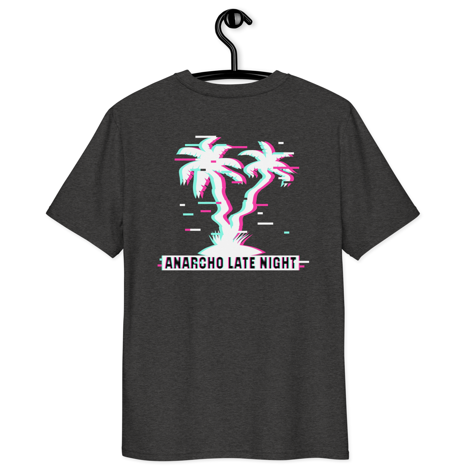 Back view of a dark heather grey aln t-shirt.