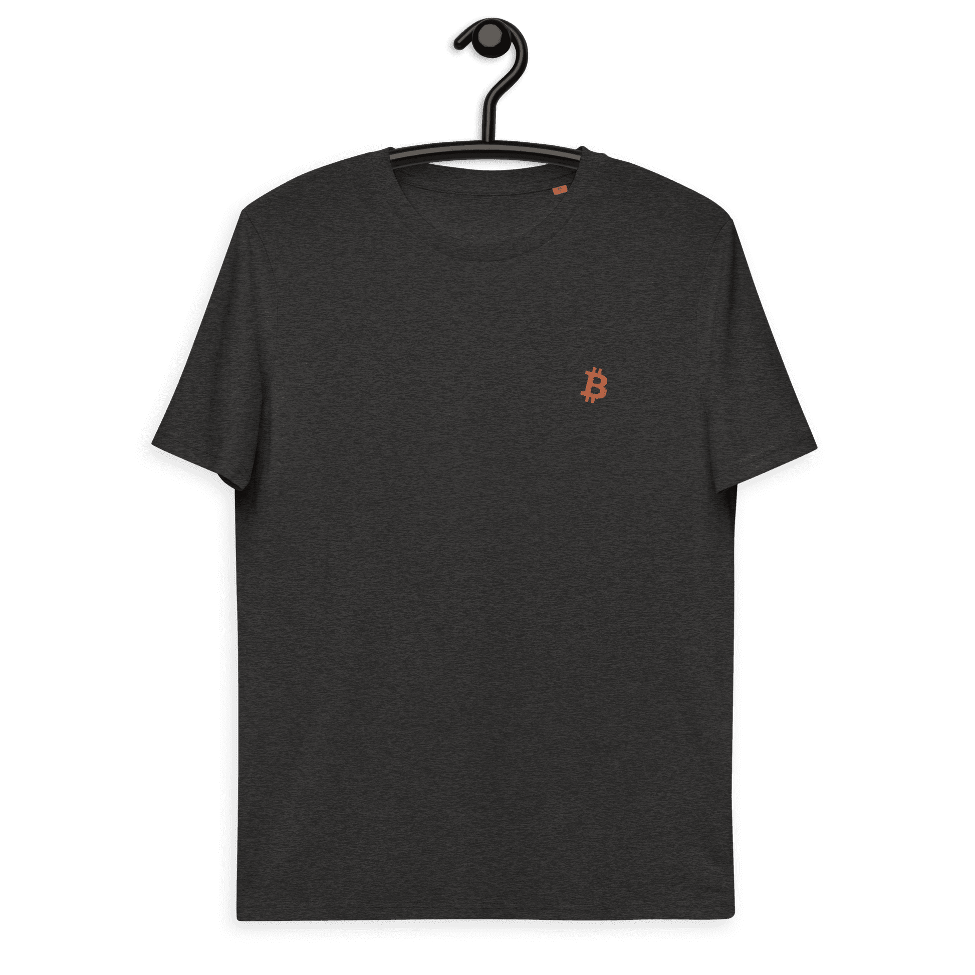 Front view of a heather grey embroidered bitcoin t-shirt.