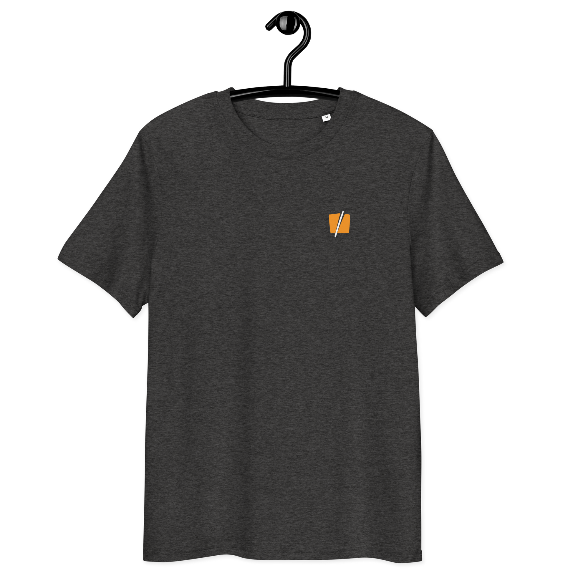 Front view of a dark heather grey bitcoin t-shirt.