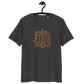 Front view of a dark heather grey bitcoin t-shirt.