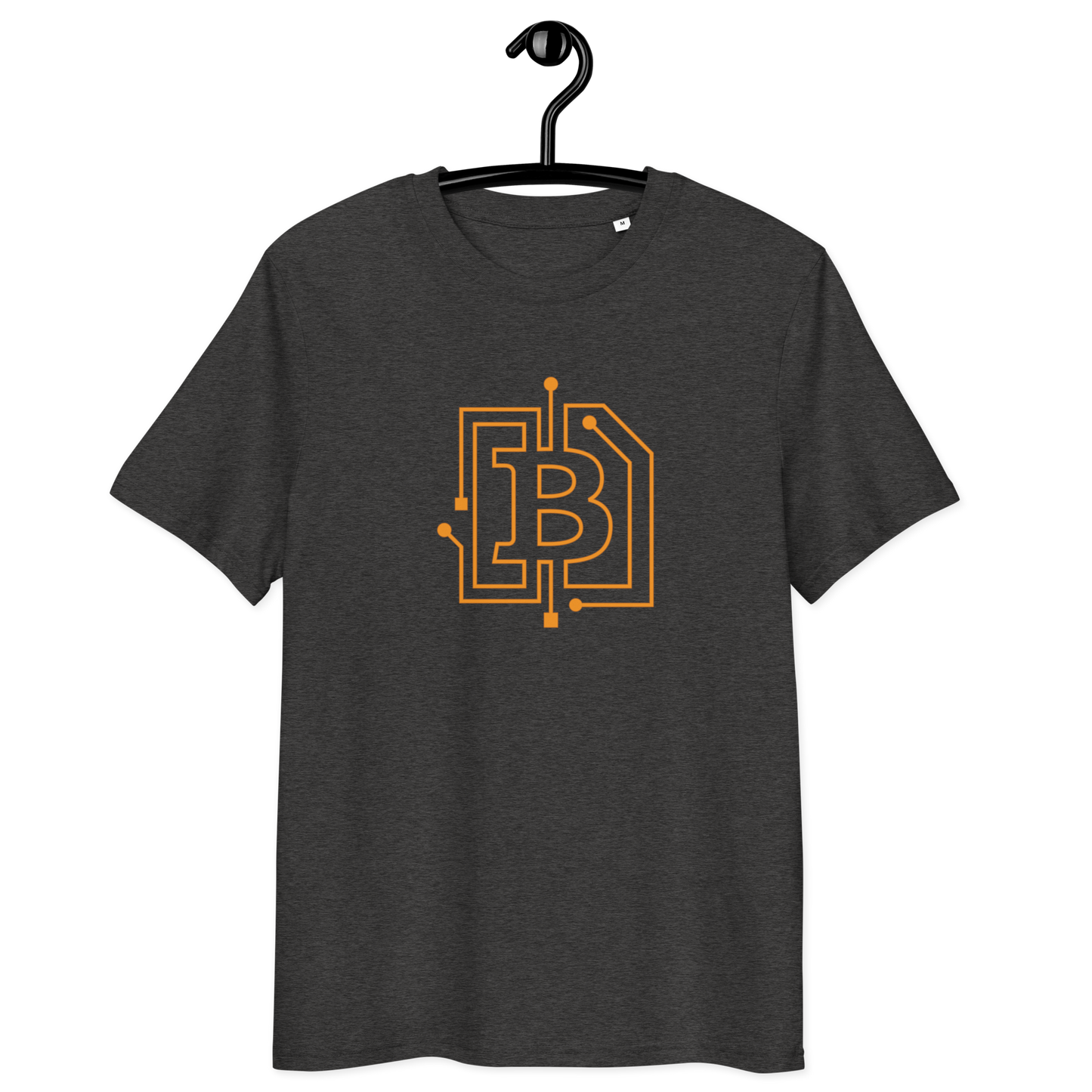 Front view of a dark heather grey bitcoin t-shirt.