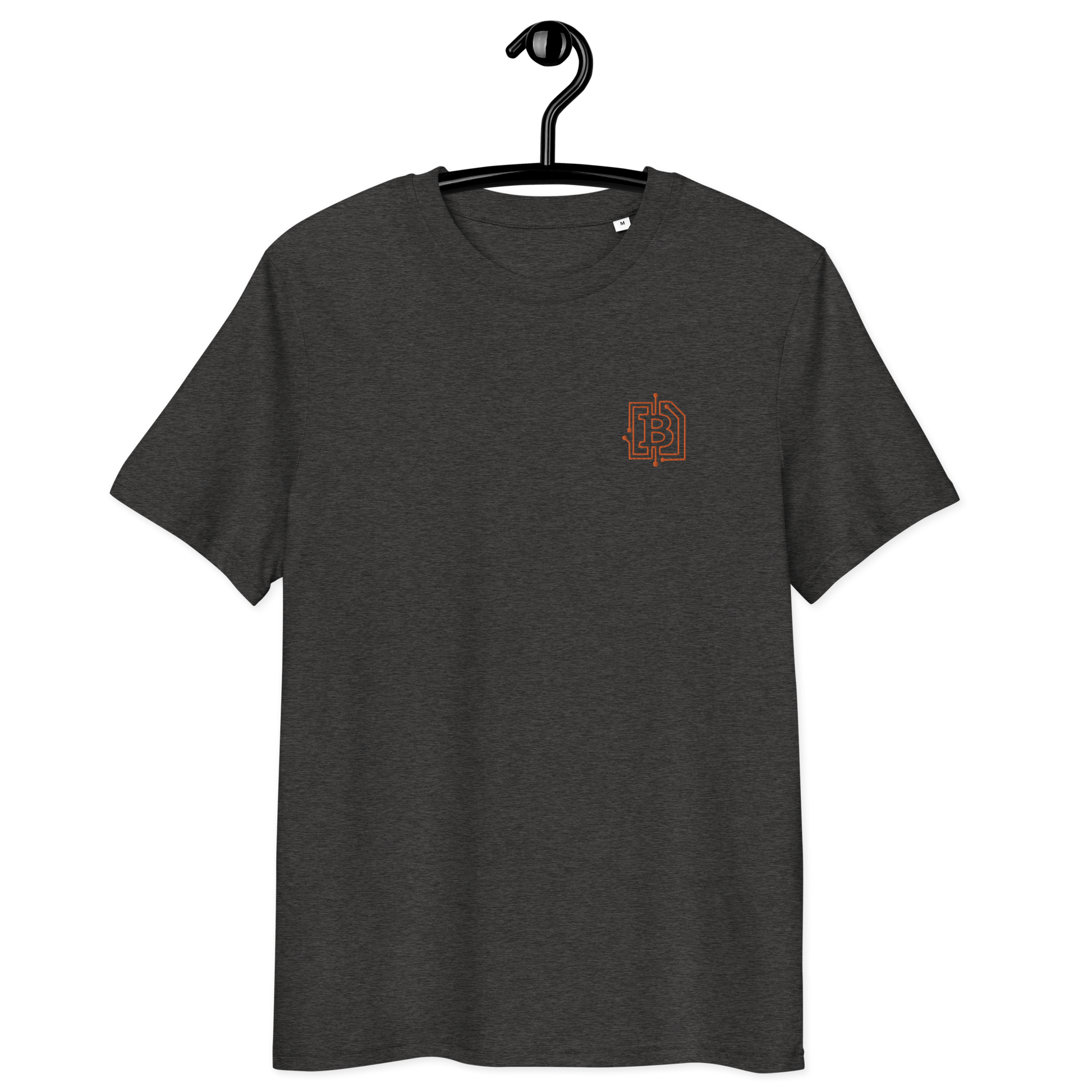 Front view of a dark heather grey bitcoin t-shirt.