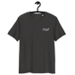 Front view of a dark heather grey embroidered bitcoin t-shirt.
