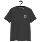 Front view of a dark heather grey embroidered bitcoin t-shirt.