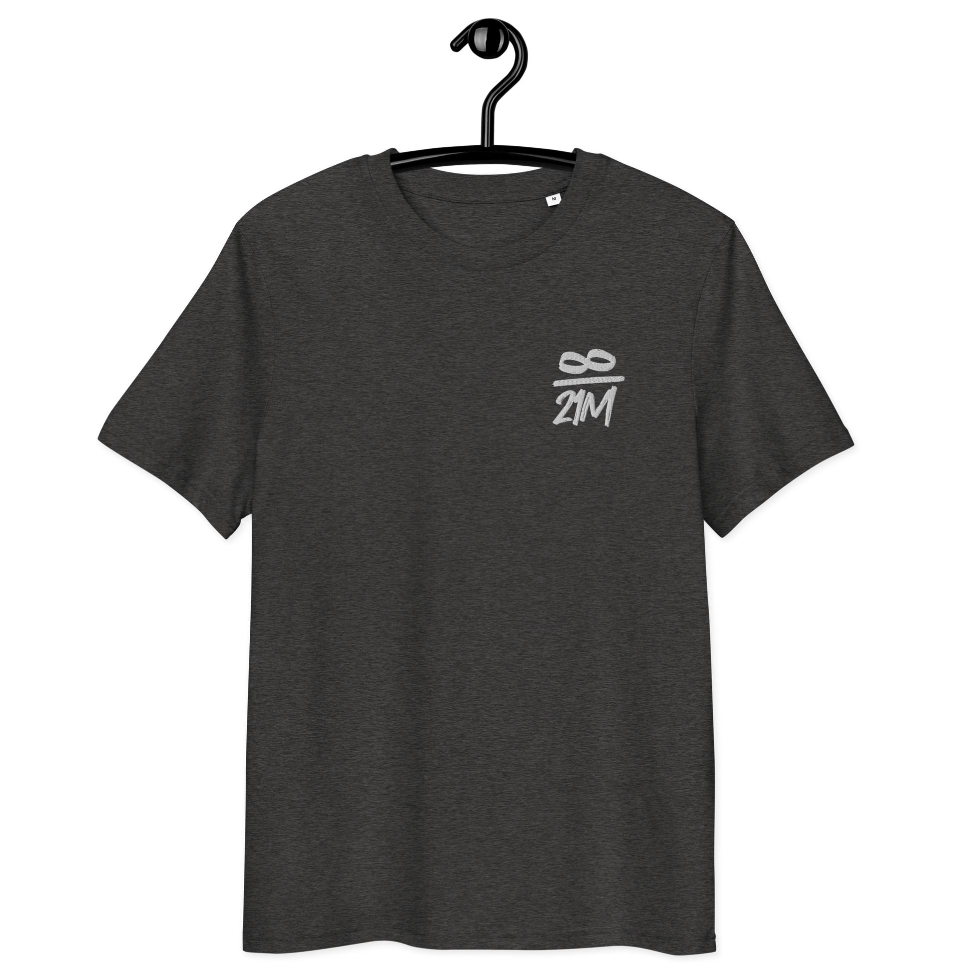 Front view of a dark heather grey embroidered bitcoin t-shirt.