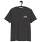 Front view of a dark heather grey embroidered bitcoin t-shirt.