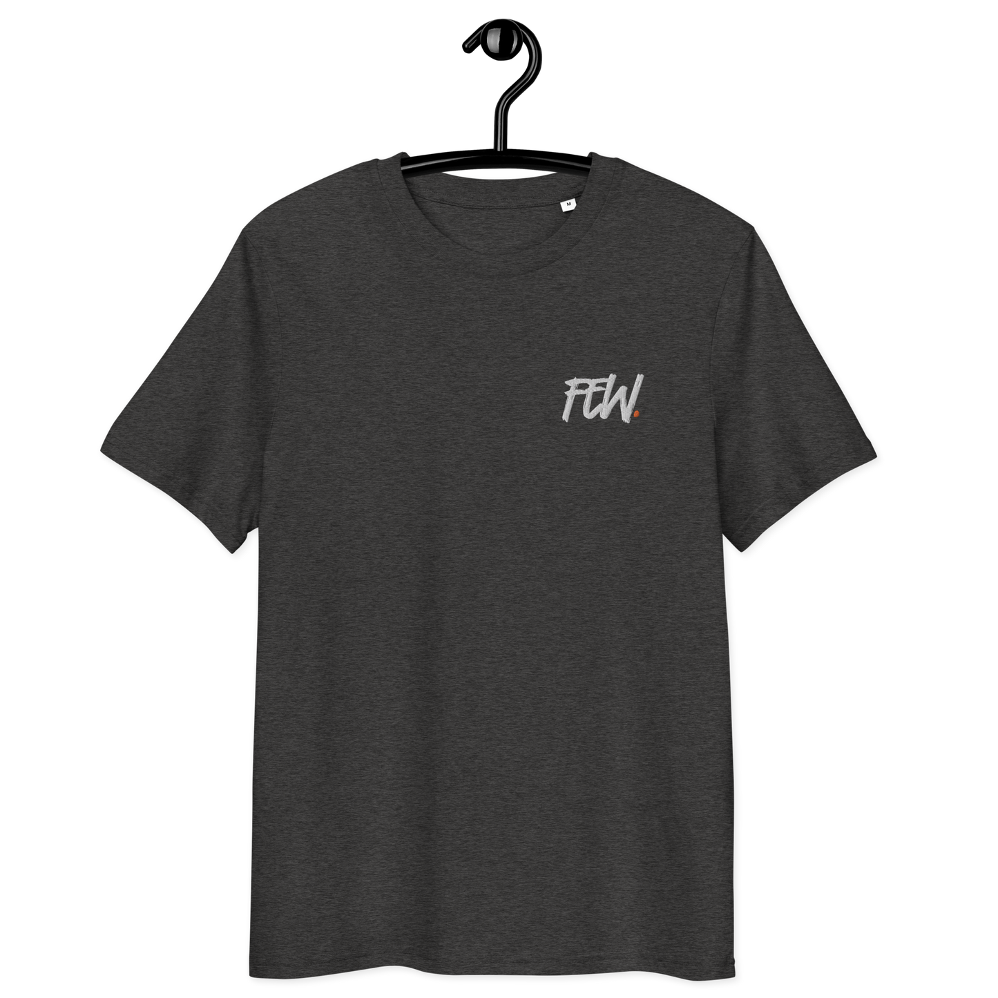 Front view of a dark heather grey embroidered bitcoin t-shirt.