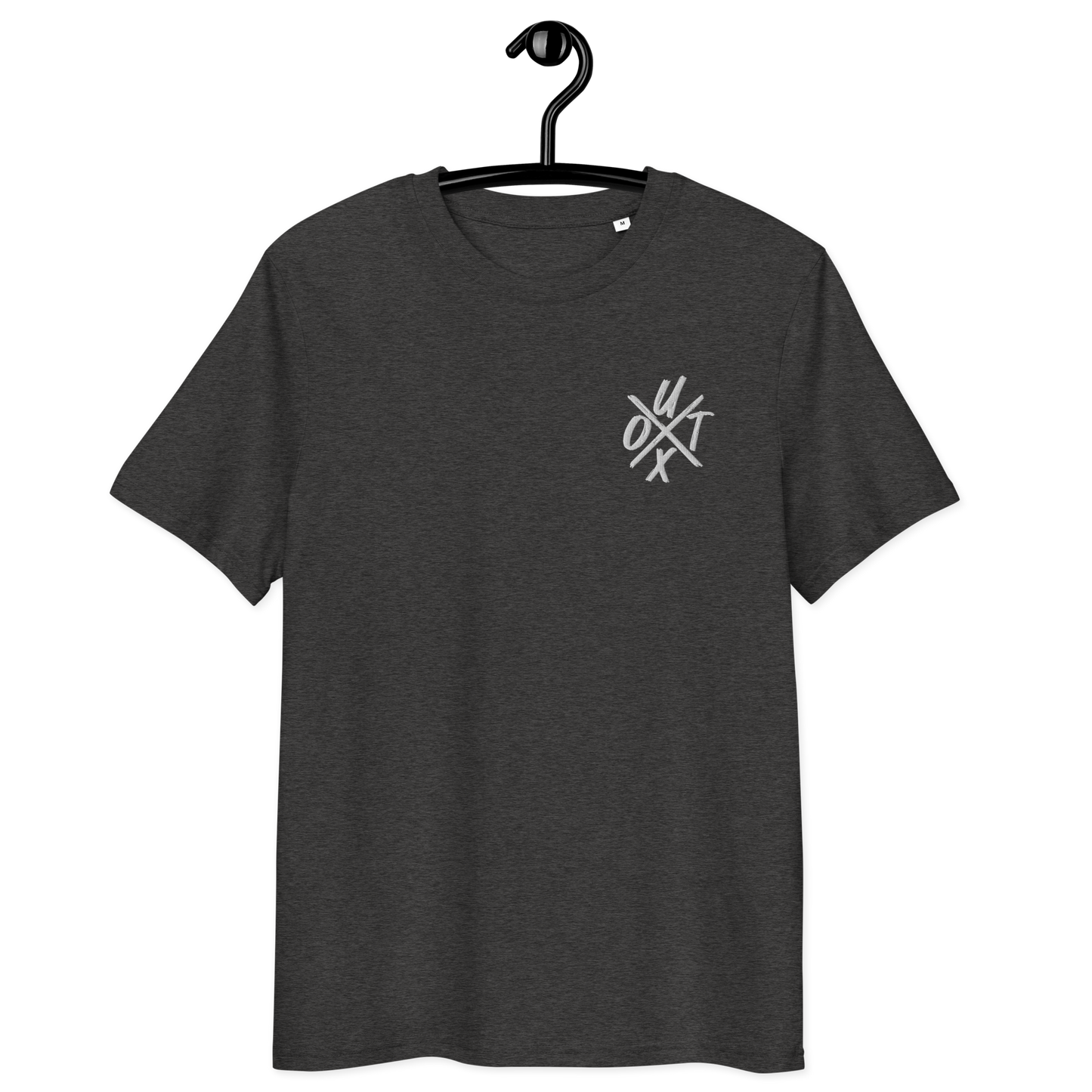 Front view of a dark heather grey embroidered bitcoin t-shirt.