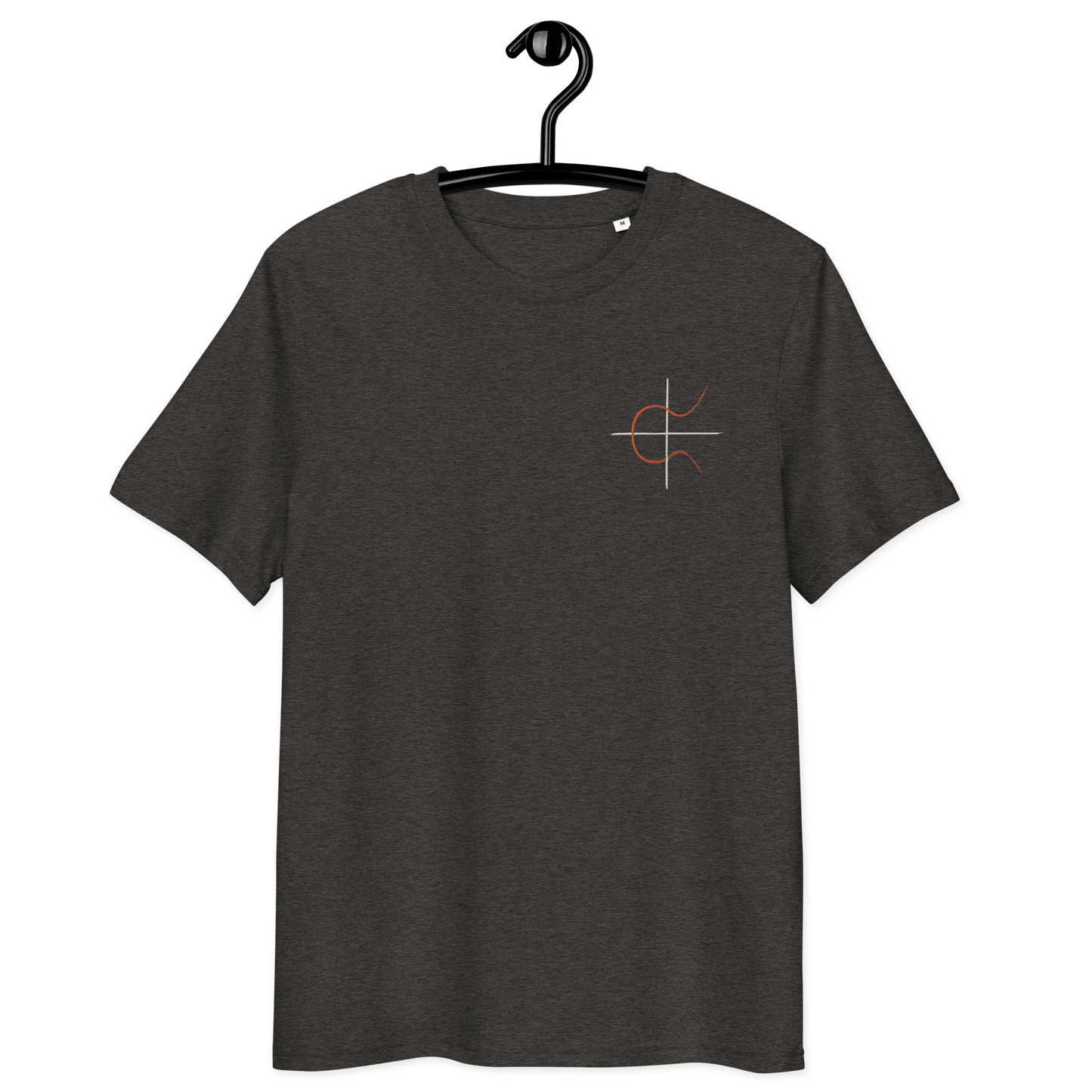 Front view of a dark heather grey embroidered bitcoin t-shirt.