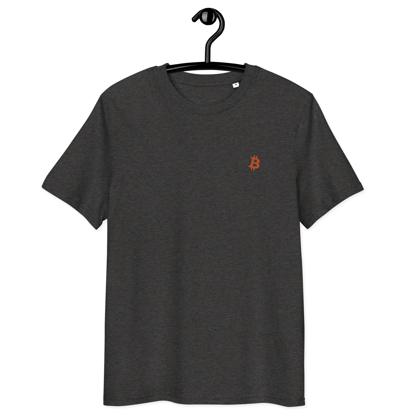 Front view of a dark heather grey embroidered bitcoin t-shirt.