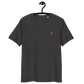 Front view of a dark heather grey embroidered bitcoin t-shirt.