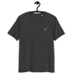 Front view of a dark heather grey embroidered nostr t-shirt.