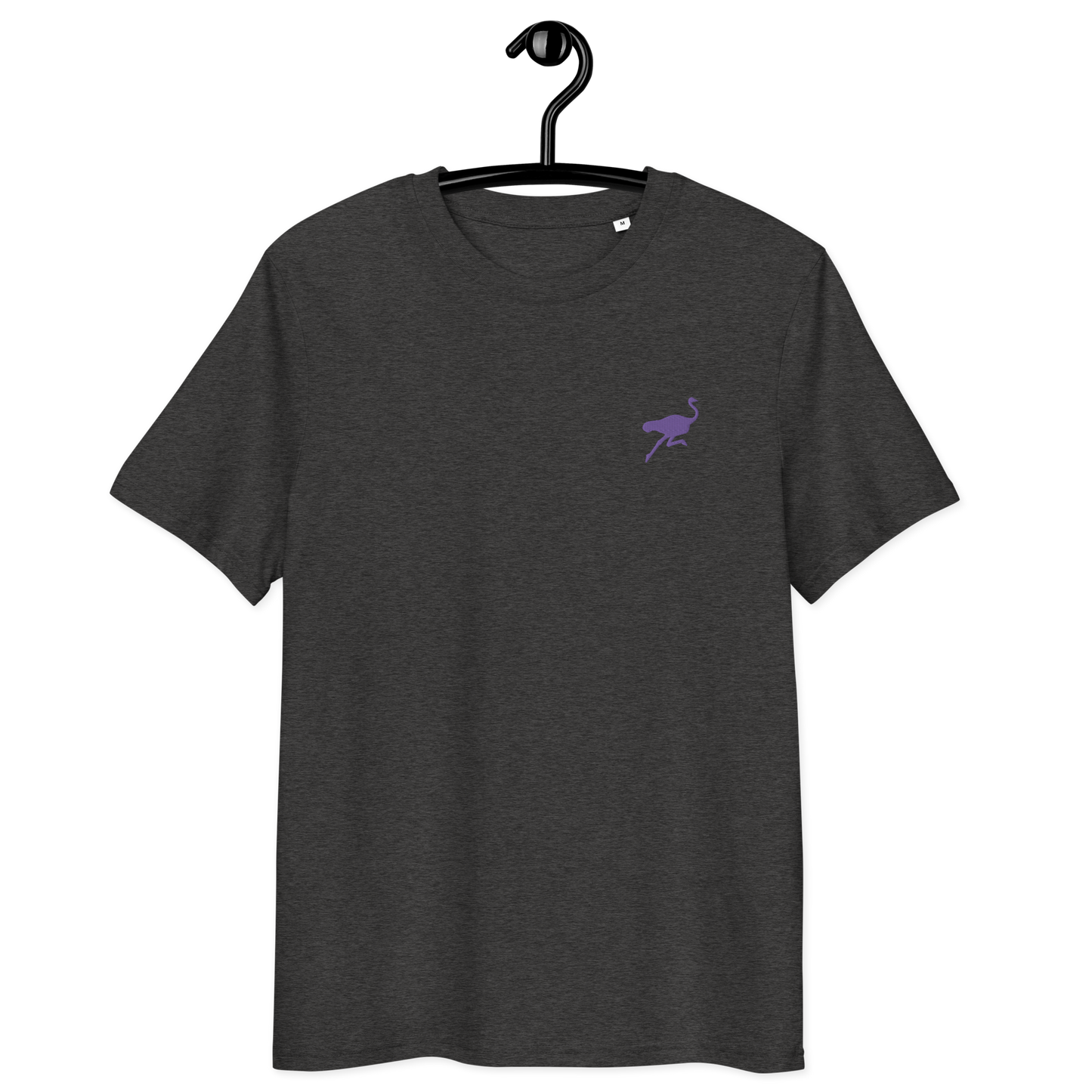 Front view of a dark heather grey embroidered nostr t-shirt.