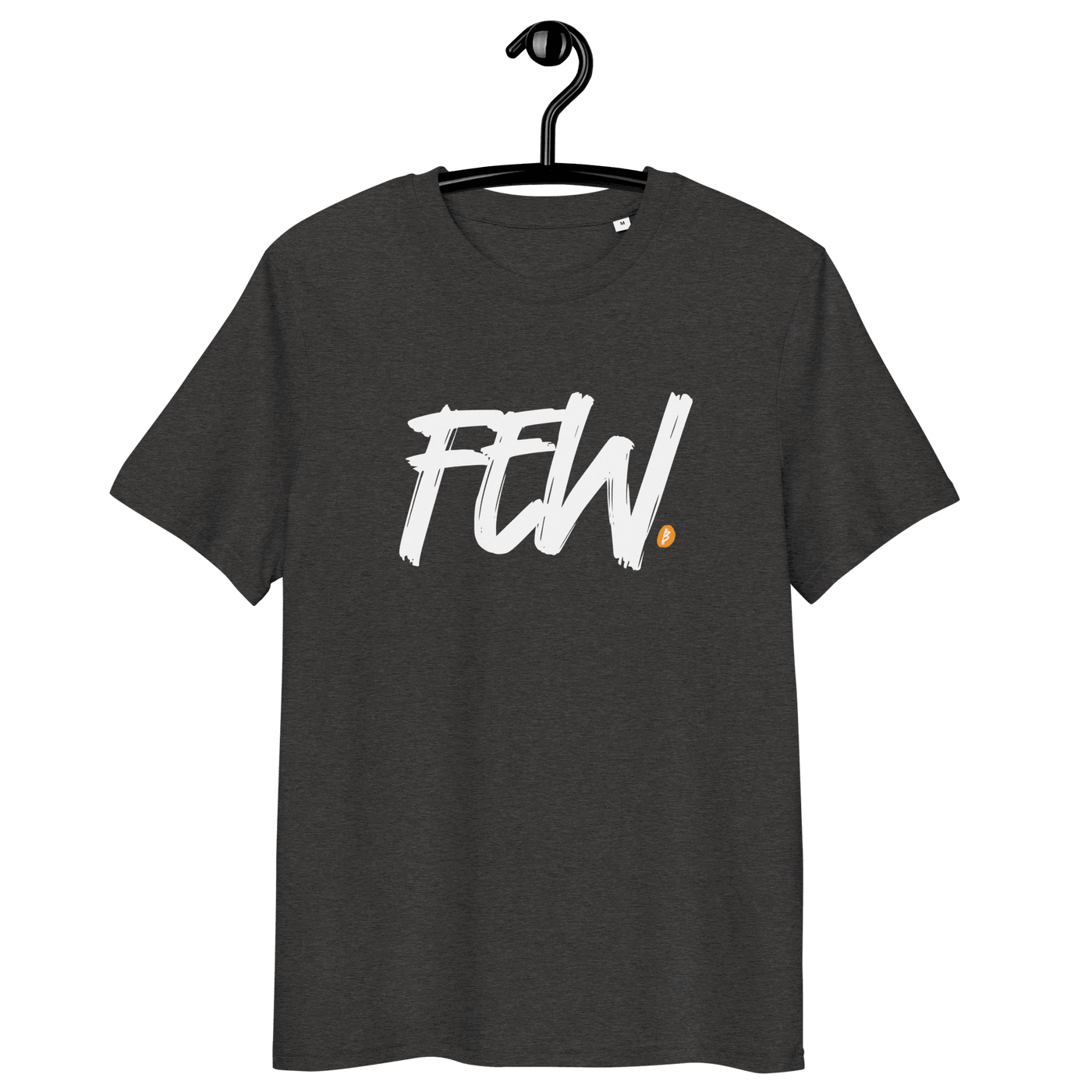 Certification logos for Organic Cotton Bitcoin T-Shirt highlighting "few" who understand bitcoin impact