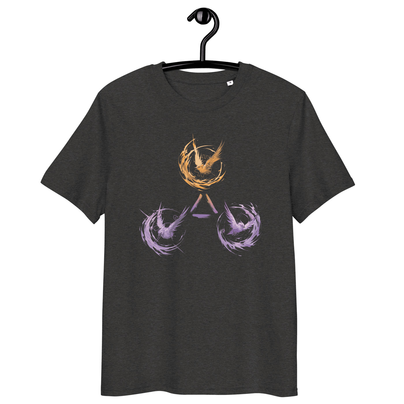 Trinity of Freedom organic cotton T-shirt featuring Bitcoin, Nostr, and Tor symbols with eco-friendly certifications