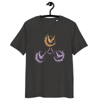 Trinity of Freedom organic cotton T-shirt featuring Bitcoin, Nostr, and Tor symbols with eco-friendly certifications