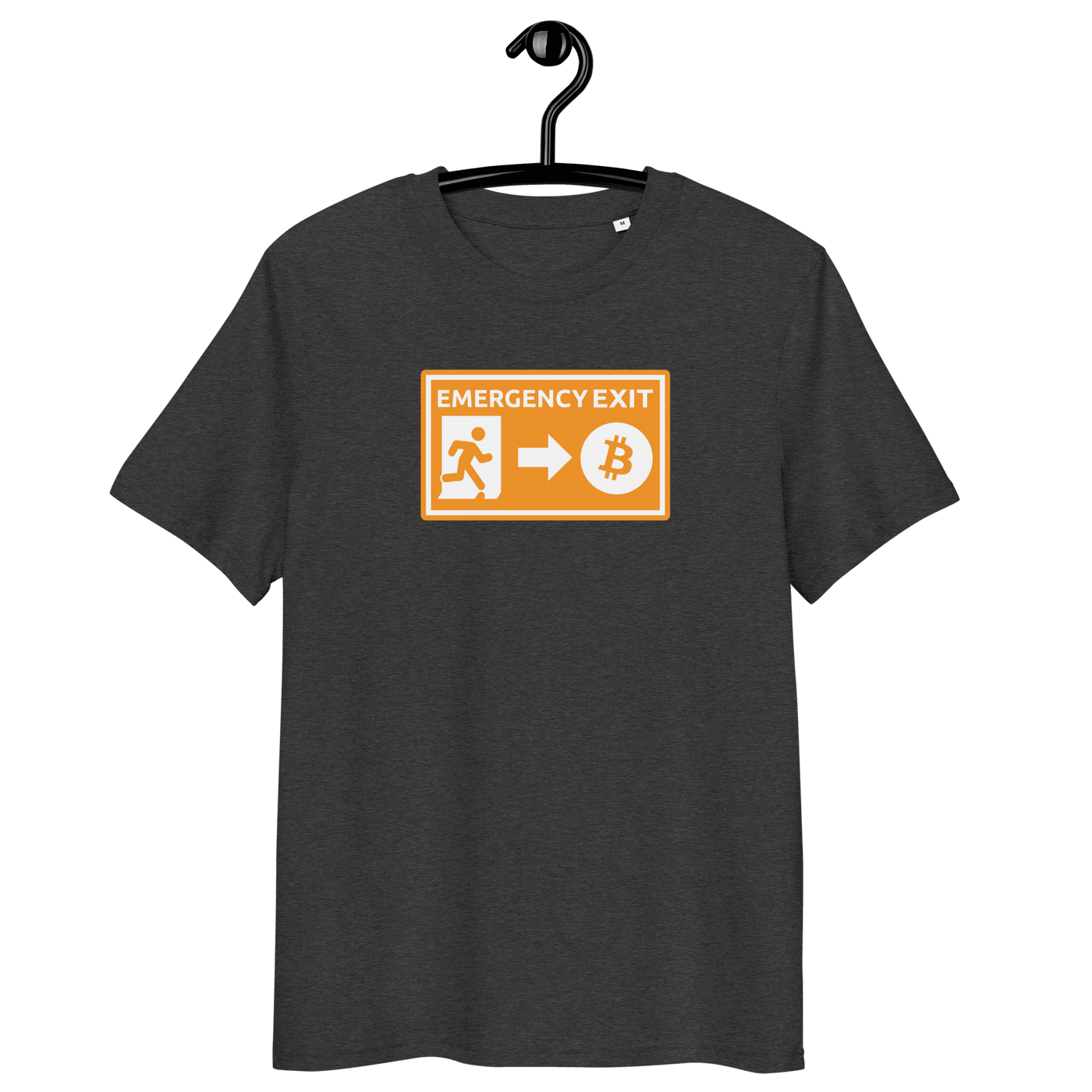 Emergency Exit organic cotton Bitcoin T-shirt with sustainability certifications