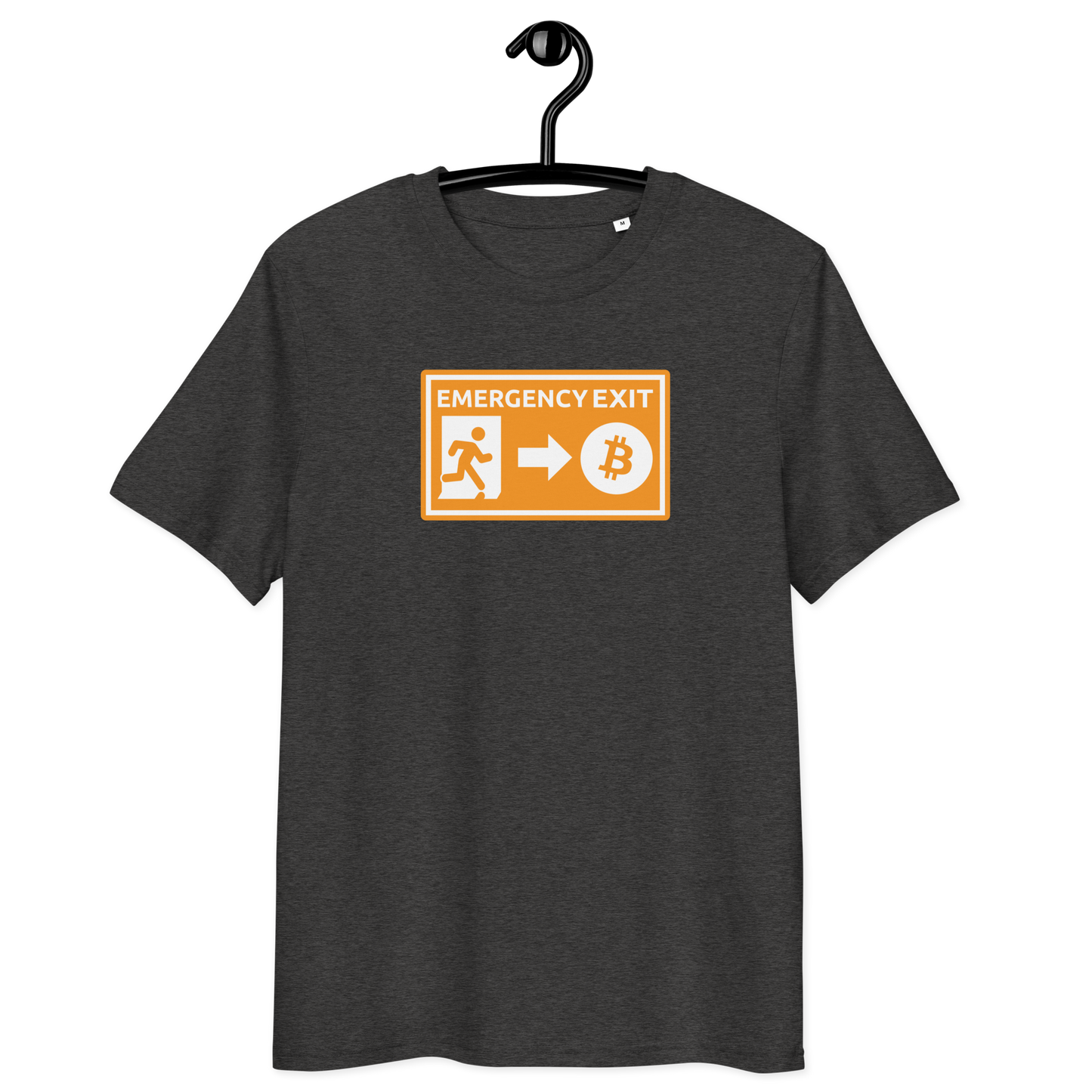 Front view of a dark heather grey bitcoin t-shirt.