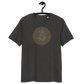 Front view of a dark heather grey bitcoin t-shirt.