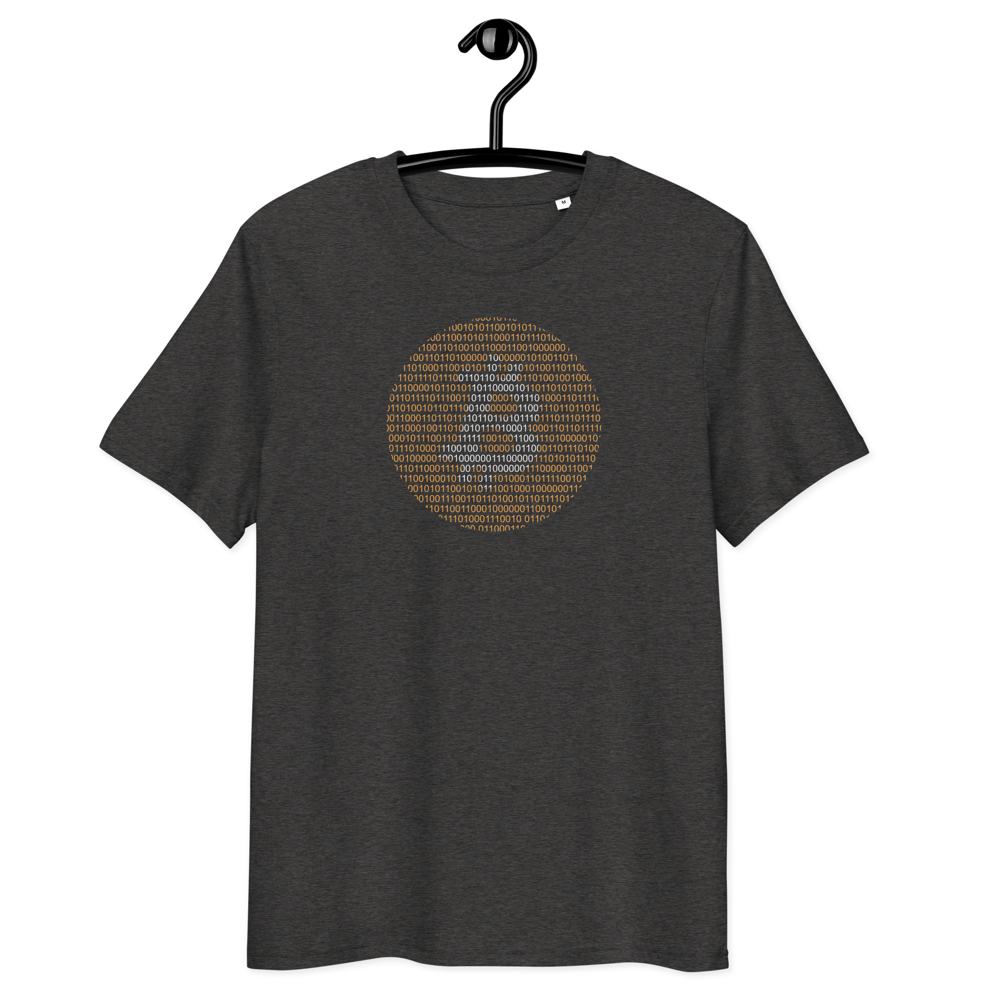 Front view of a dark heather grey bitcoin t-shirt.