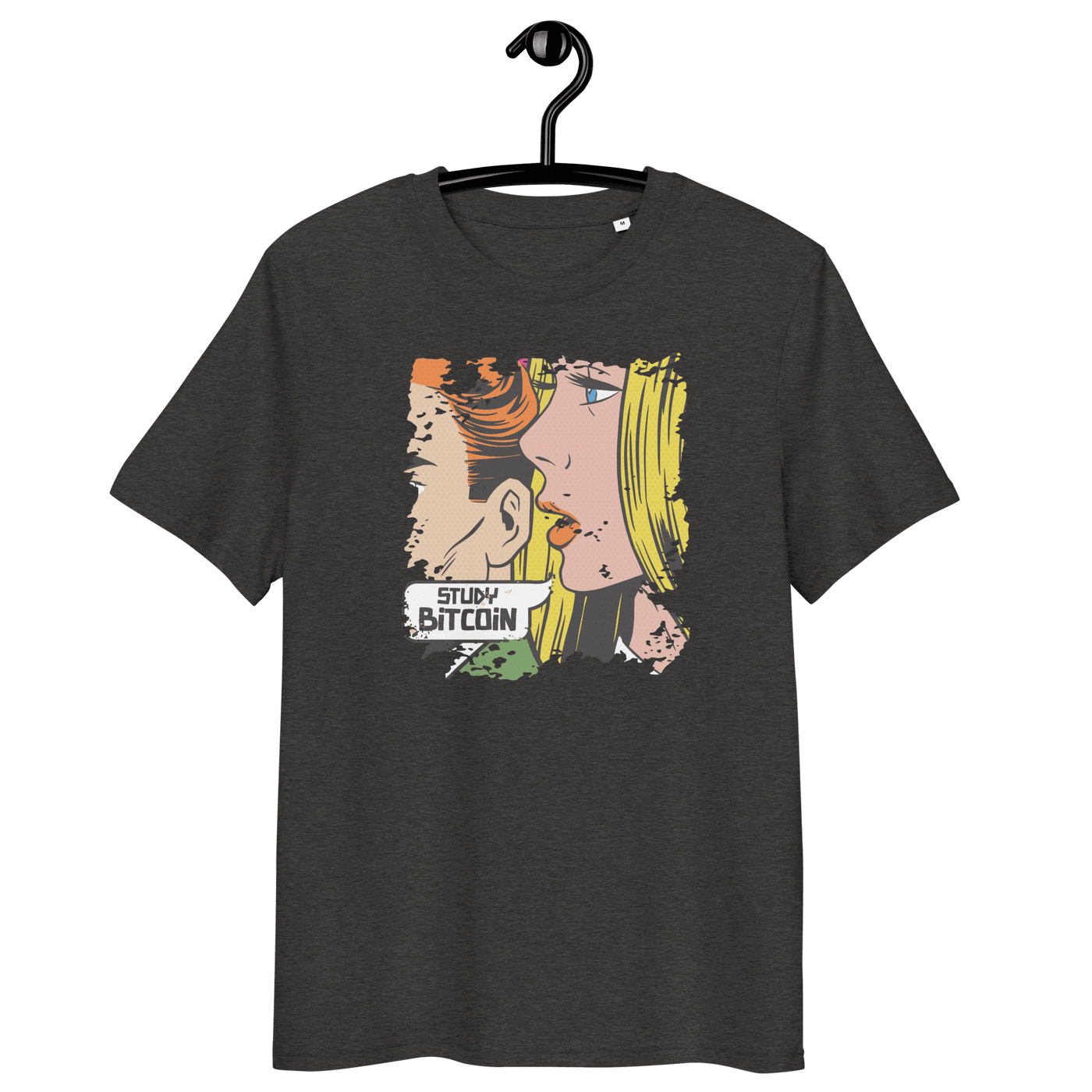 Certification logos for organic, vegan, and sustainable cotton on Comic Study Bitcoin T-Shirt promoting Study Bitcoin education