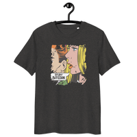Certification logos for organic, vegan, and sustainable cotton on Comic Study Bitcoin T-Shirt promoting Study Bitcoin education