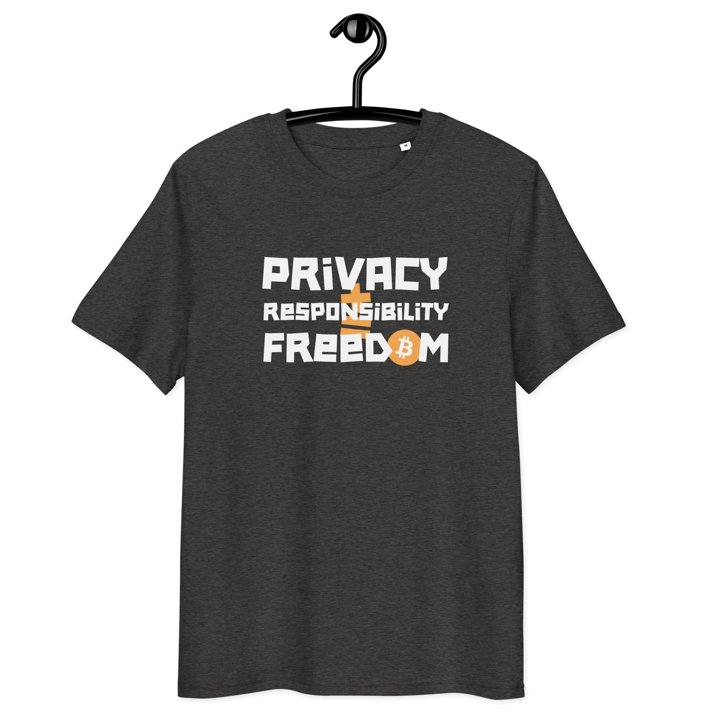 Organic cotton Bitcoin T-shirt with privacy and responsibility message and multiple eco-friendly certification logos