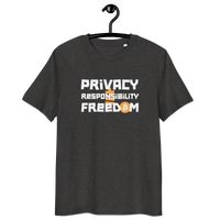 Organic cotton Bitcoin T-shirt with privacy and responsibility message and multiple eco-friendly certification logos