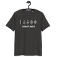 Front view of a dark heather grey bitcoin t-shirt.