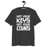 Front view of a dark heather grey bitcoin t-shirt.