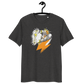 Front view of a dark heather grey bitcoin t-shirt.