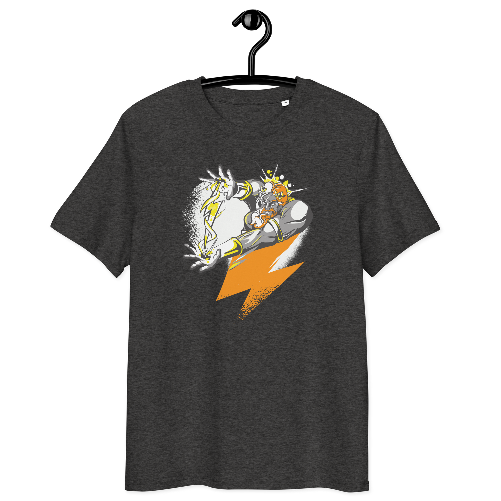 Front view of a dark heather grey bitcoin t-shirt.