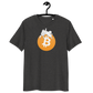 Front view of a dark heather grey bitcoin t-shirt.