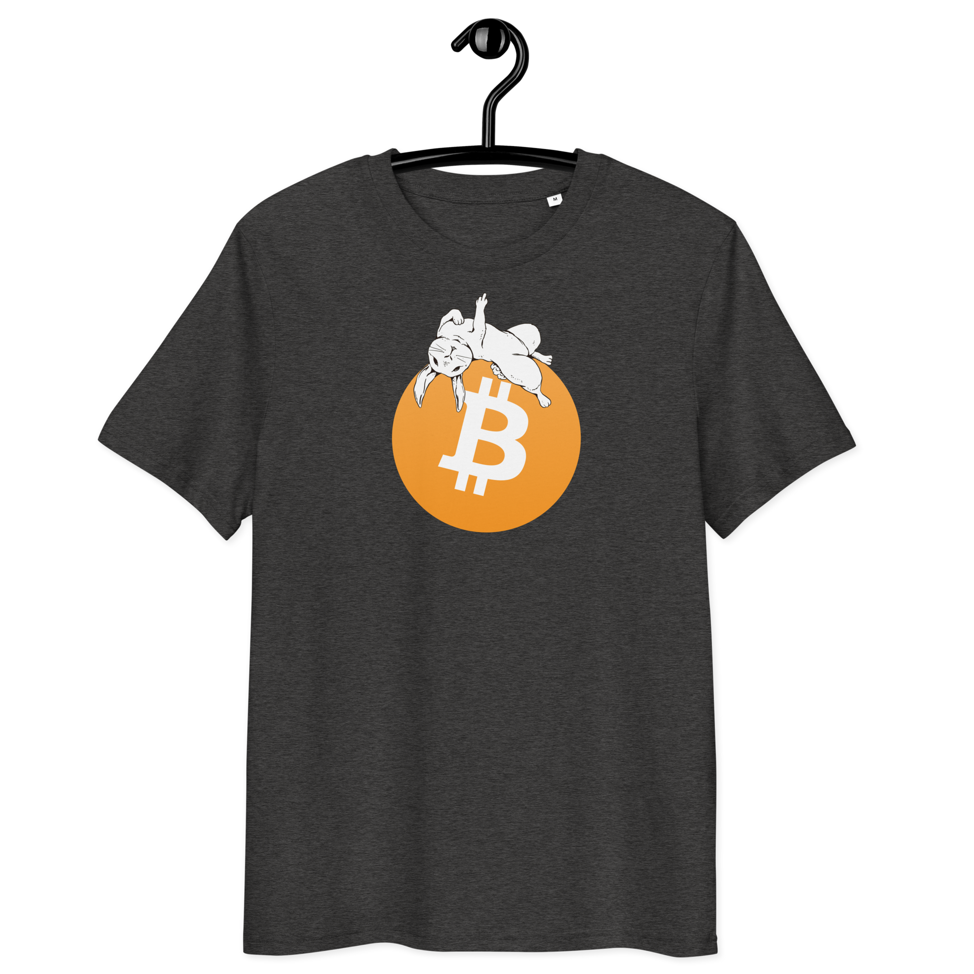 Front view of a dark heather grey bitcoin t-shirt.