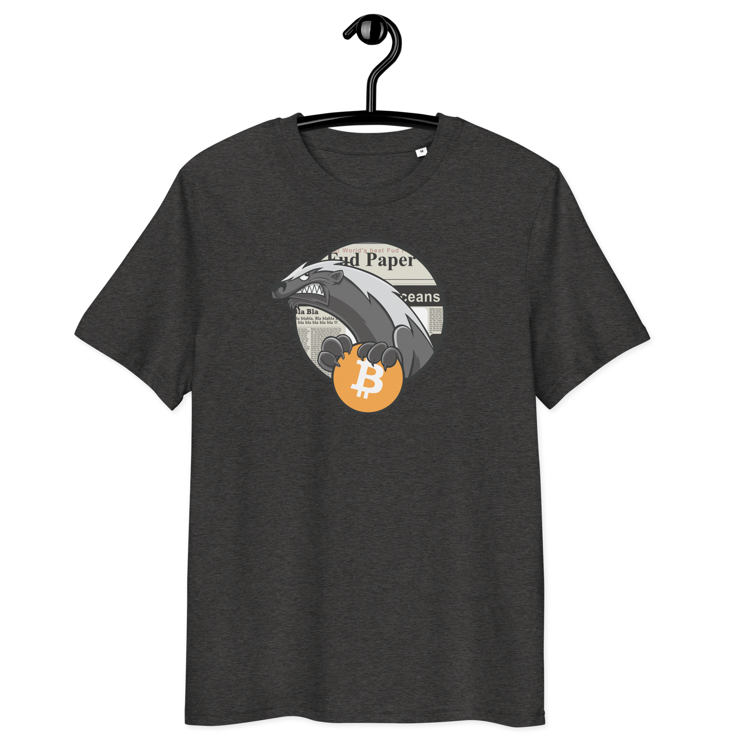 Front view of a dark heather grey bitcoin t-shirt.